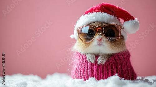 Frohe Weihnachten Urlaub Winter GruÃŸkarte mit deutschem Text - Cooles lustiges EichhÃ¶rnchen mit WeihnachtsmannmÃ¼tze und Sonnenbrille, isoliert auf pinkem Hintergrund