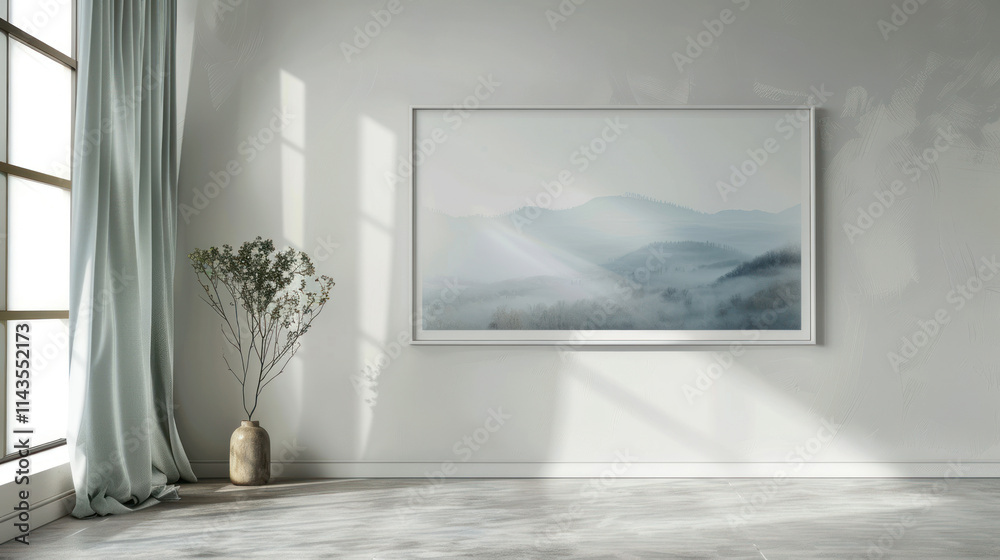 Elegant horizontal frame, mounted on a clean wall with soft shadows, great for showcasing landscape designs Elegant horizontal frame, mounted on a clean wall with soft shadows, great for showcasing landscape designs