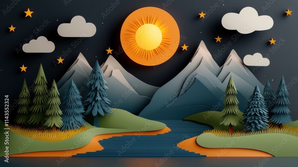 Stunning and serene mountain landscape with a glowing orange sunset sky fluffy clouds and a starry night sky reflected in the calm river or lake Peaceful and picturesque natural wilderness scene Stunning and serene mountain landscape with a glowing orange sunset sky fluffy clouds and a starry night sky reflected in the calm river or lake Peaceful and picturesque natural wilderness scene