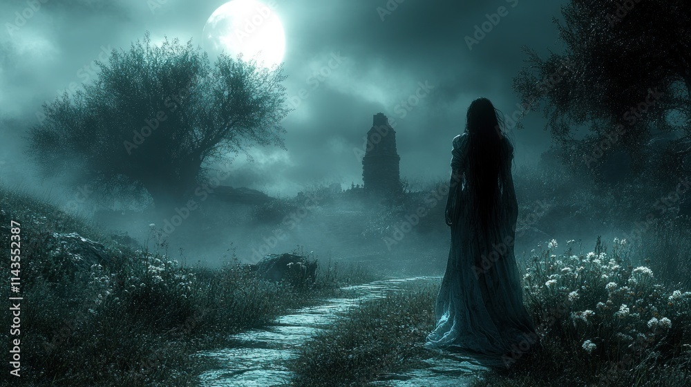 Fototapeta premium Moonlit path, ghostly woman, ancient ruins, misty night.