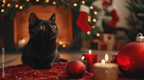 Adventurous Black Cat Exploring Festively Decorated Home During Cozy Holiday Season photo