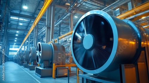 Industrial factory interior with large ventilation fans. photo