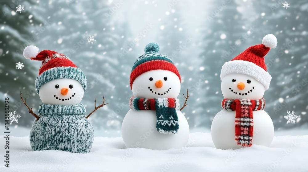 Snowmen standing in winter Christmas landscape.Winter background. Snowmen standing in winter Christmas landscape.Winter background.