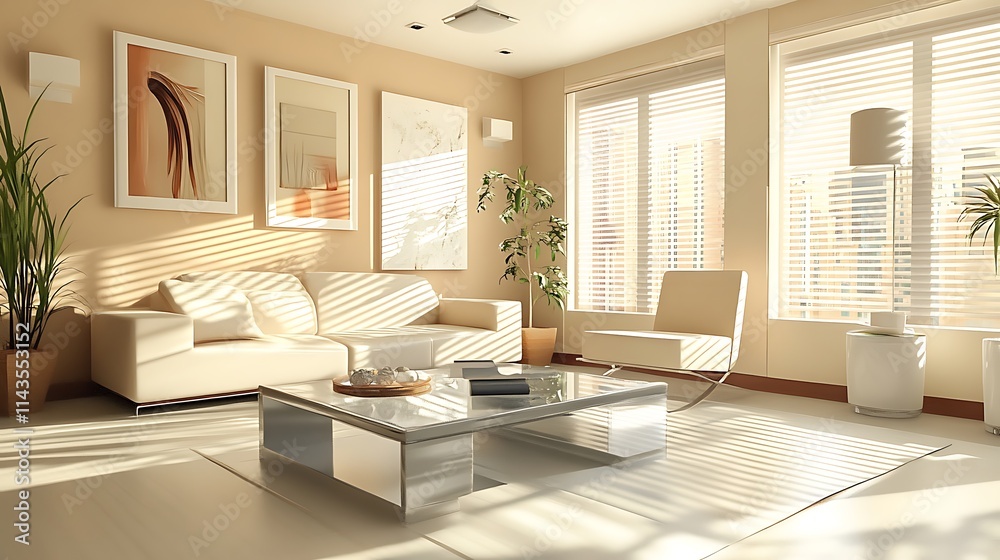 Fototapeta premium Sunlit living room, invitingly warm interior, wide shot photo.. AI Generated