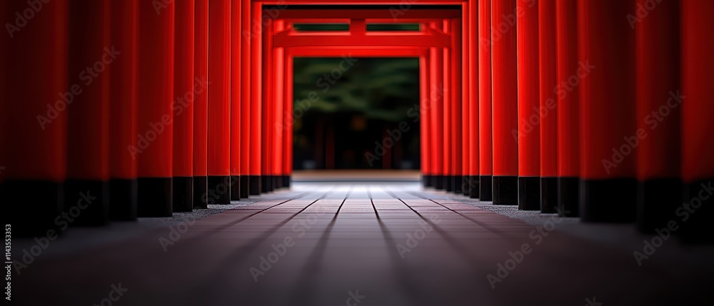 A serene view of a pathway lined with vibrant red pillars under soft ambient lighting. A serene view of a pathway lined with vibrant red pillars under soft ambient lighting.