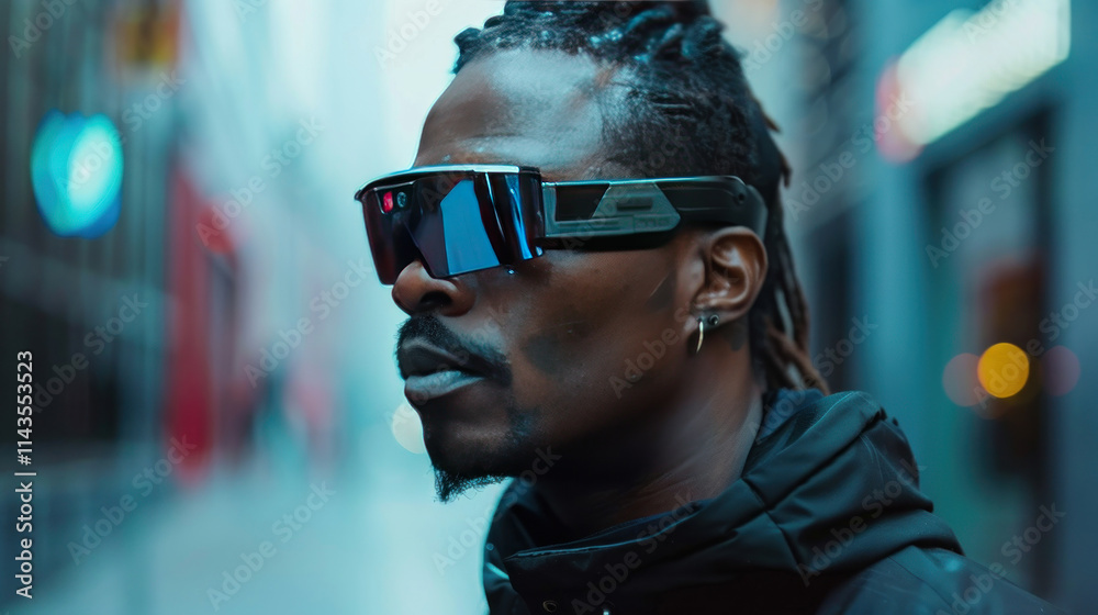 Eye-wear device for augmented reality communication, user in urban futuristic setting