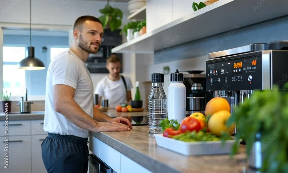 A person admires a coffee machine in a bright kitchen setting. A person admires a coffee machine in a bright kitchen setting.