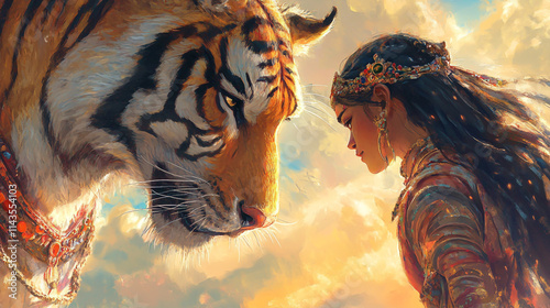 Digital image of an intense scene of an anthropomorphic tiger locking gaze with an anthropomorphic horsewoman set against a backdrop of divine deities in the sky. photo