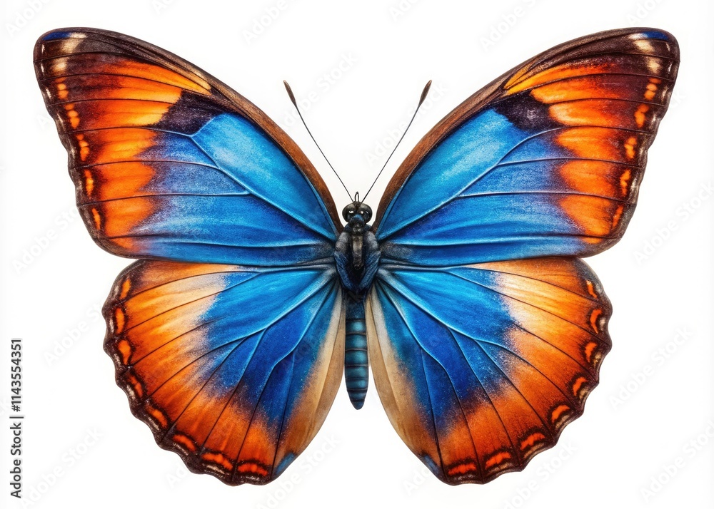 Fototapeta premium Blue Orange Butterfly Wings Spread, PNG, High-Resolution Insect Image, Nature Photography, Wildlife, Butterflies, Closeup, Macro Photography