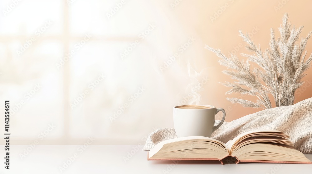 Steaming cup of coffee with an open book on a soft beige blanket in bright natural light Steaming cup of coffee with an open book on a soft beige blanket in bright natural light