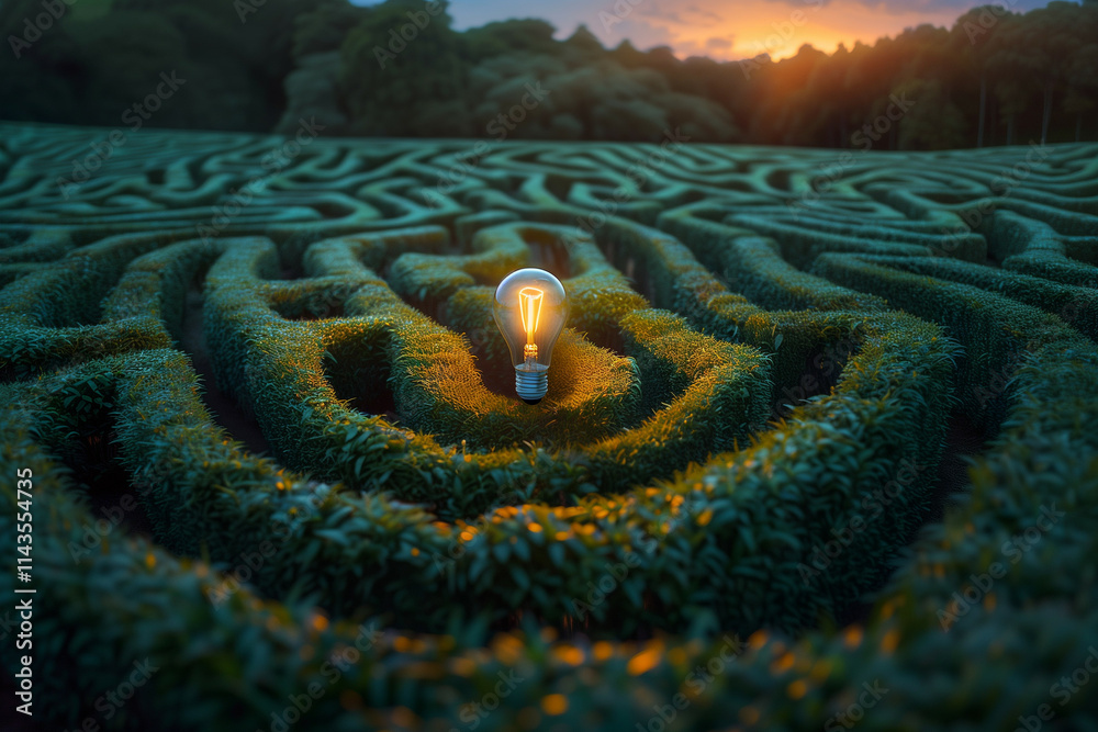 Illuminated light bulb glowing amidst a maze of lush greenery during sunset, symbolizing creative solutions and innovation Illuminated light bulb glowing amidst a maze of lush greenery during sunset, symbolizing creative solutions and innovation