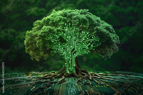 An artistic depiction of a tree with a canopy formed of glowing circuit patterns on a printed circuit board, symbolizing the fusion of nature and technology