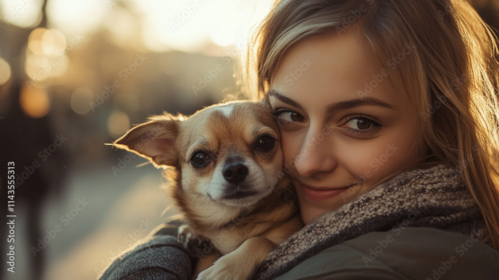 young woman lovingly embraces her small dog outdoors during warm sunset, creating cozy and heartfelt moment. background features soft, blurred urban setting young woman lovingly embraces her small dog outdoors during warm sunset, creating cozy and heartfelt moment. background features soft, blurred urban setting
