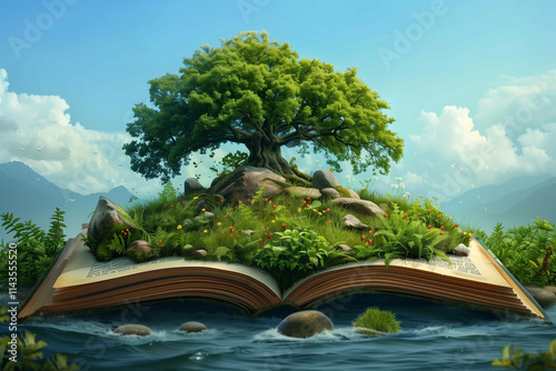 Serene landscape emerges from an open book, blending nature and imagination