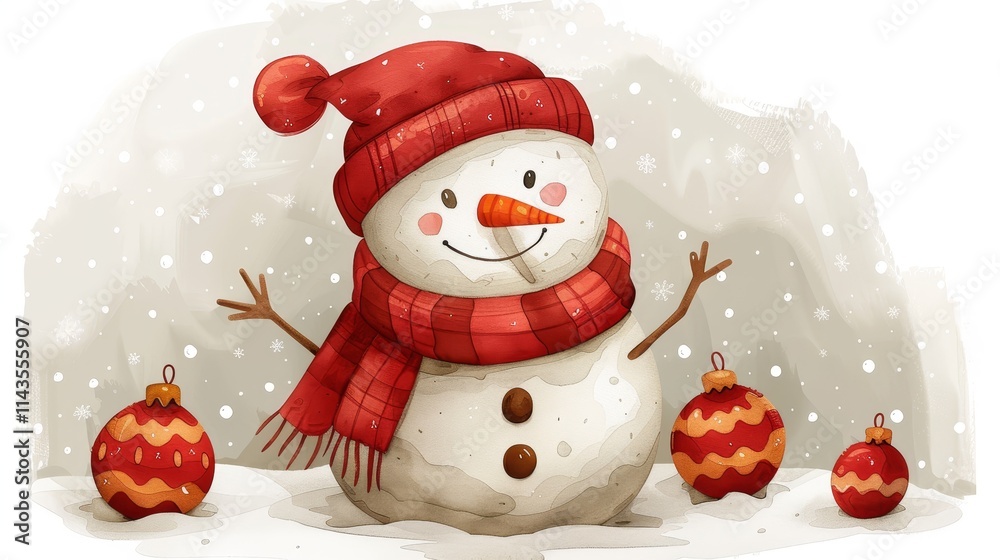 Fototapeta premium Cheerful snowman in red hat and scarf, with Christmas ornaments.
