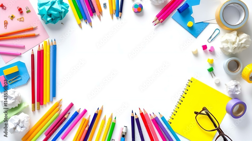 Colorful Back to School Supplies Arranged in a Frame on a White Background Colorful Back to School Supplies Arranged in a Frame on a White Background