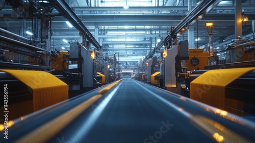 Modern textile factory interior with machinery and conveyor belt.