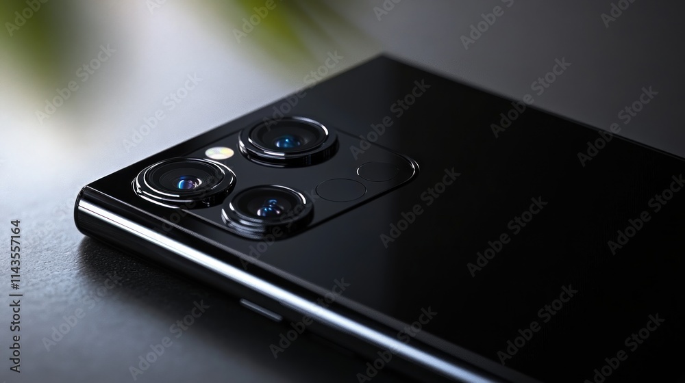 Fototapeta premium Close-up of a Sleek Black Smartphone with Triple-Lens Camera