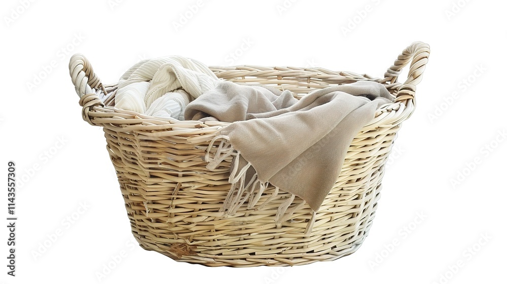 Obraz premium The Appealing Laundry Basket with Clean Clothes on White Background: A Symbol of Housework and Cleaning Chores Done Well.