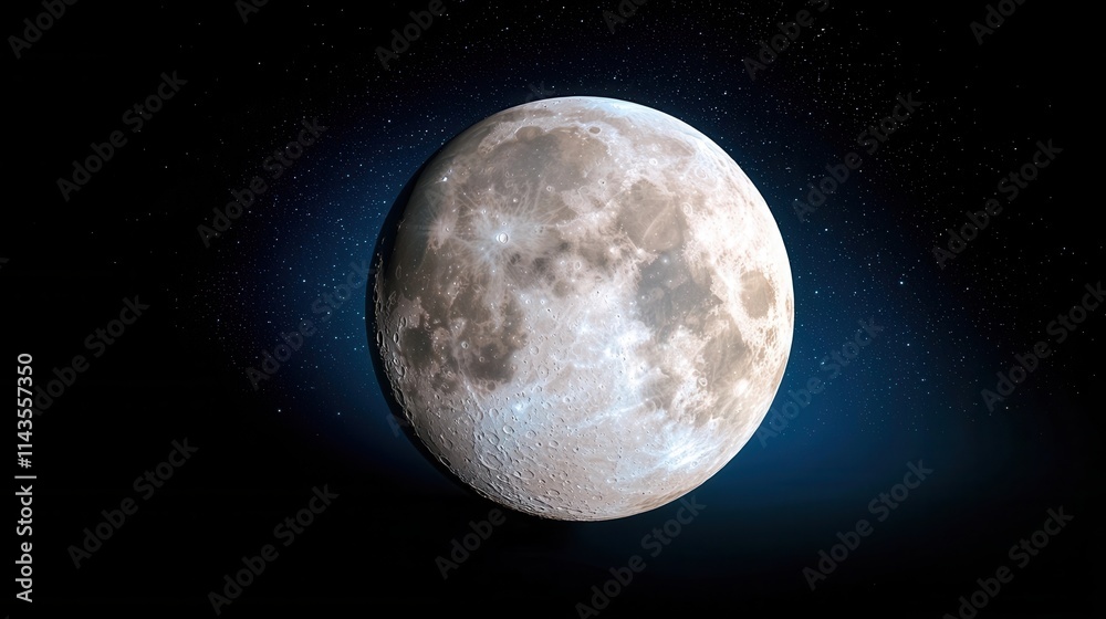 Fototapeta premium Mesmerizing full moon hanging in the starry night sky casting its ethereal glow over the cratered lunar surface