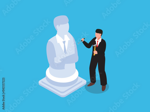 Man Sculpting His Own Statue - Concept of Self-Creation and Personal Growth 3d isometric vector illustration