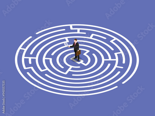 Business Challenge Concept - Man in Maze Searching for Solutions 3d isometric vector illustration