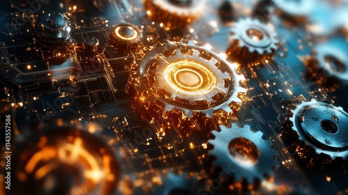 Digital transformation depicted through an abstract network of interlinked gears and circuitry on a white background.