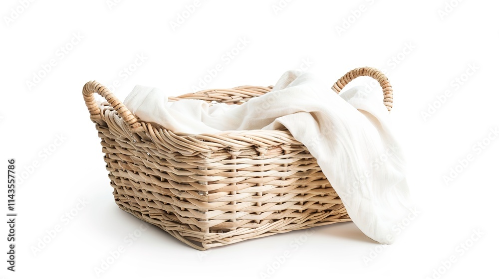 Obraz premium The Appealing Laundry Basket with Clean Clothes on White Background: A Symbol of Housework and Cleaning Chores Done Well.