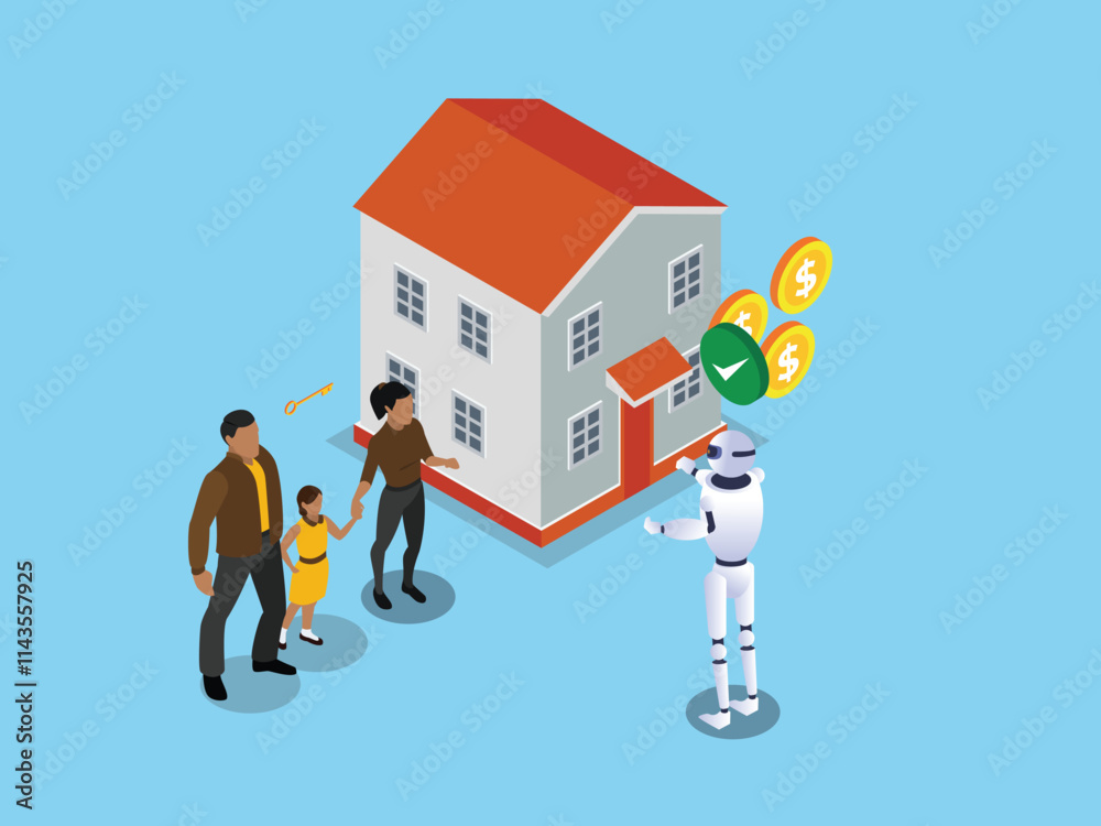 AI-Assisted Home Buying Concept with Family and Robot Interaction 3d isometric vector illustration AI-Assisted Home Buying Concept with Family and Robot Interaction 3d isometric vector illustration
