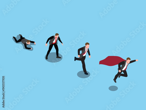 Business Growth and Success Concept with Superhero Progression 3d isometric vector illustration