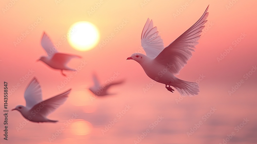 Fototapeta premium White doves soaring at sunset over ocean.