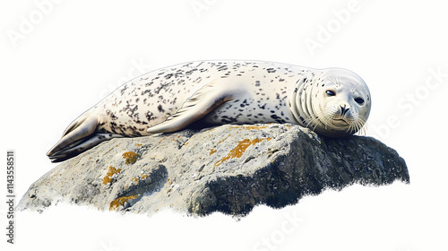 A harbor seal laying on top of a rock on a white background the seal is a light grey color with a white underside and a black nose its eyes are closed and its mou. Harbor. Illustration