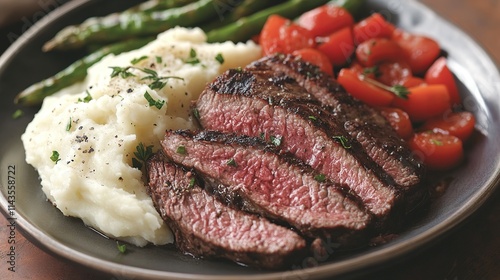 Sliced grilled steak with mashed potatoes, asparagus, and roasted tomatoes.