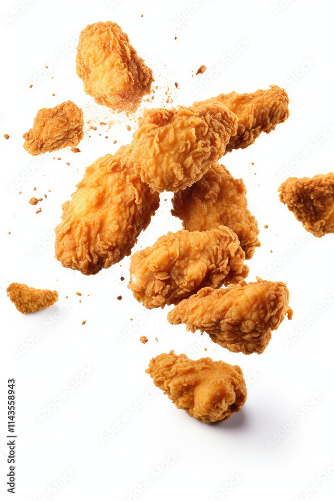 Fried popcorn chicken flying on white background Fried popcorn chicken flying on white background