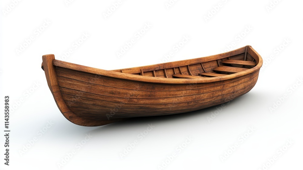 Small wooden empty rowing boat isolated on pure white background. Generative Ai. Small wooden empty rowing boat isolated on pure white background. Generative Ai.