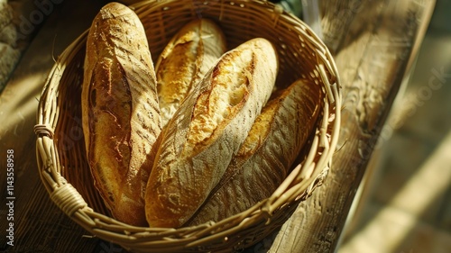 Fresh gluten-free baguette, crisp crust, delicate crumb, displayed in a woven basket, rustic farmhouse mood, soft shadows photo