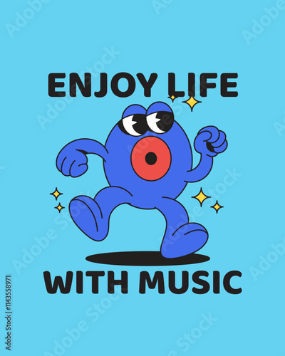 Cute vinyl record enjoying music playing Poster Cartoon Retro Vintage Illustration