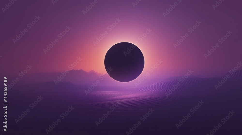 Dark Sphere Eclipse Over Purple Landscape - Sci-Fi Scene Dark Sphere Eclipse Over Purple Landscape - Sci-Fi Scene