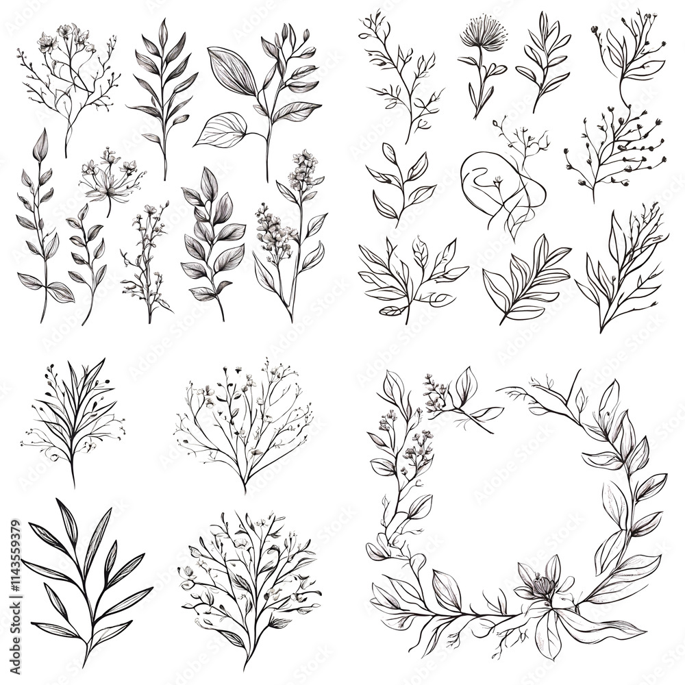 A stunning collection of hand-drawn botanical illustrations featuring various flowers and leaves in black ink, perfect for elegant designs, invitations, and nature-themed projects. A stunning collection of hand-drawn botanical illustrations featuring various flowers and leaves in black ink, perfect for elegant designs, invitations, and nature-themed projects.