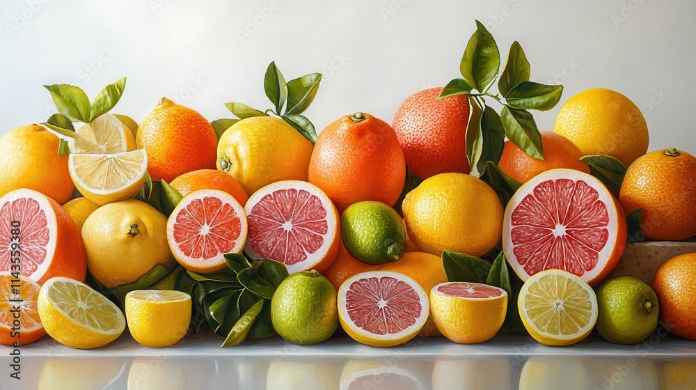 Vibrant artwork showcasing an array of fresh lemons, limes, oranges, and grapefruits against a white backdrop. Vibrant artwork showcasing an array of fresh lemons, limes, oranges, and grapefruits against a white backdrop.