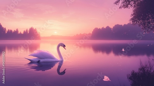 Fototapeta Naklejka Na Ścianę i Meble -  Serene swan gracefully glides across calm lake at sunrise, reflecting in tranquil pink water.