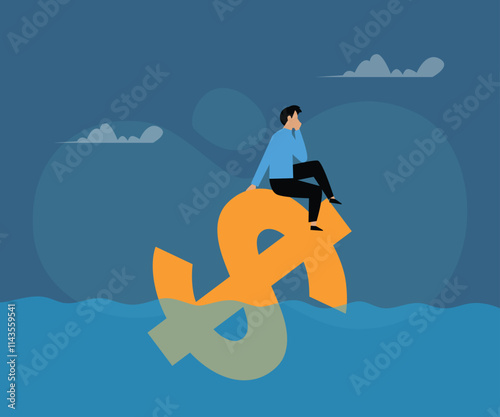 Man Sitting on a Sinking Dollar Sign 2d flat vector illustrations