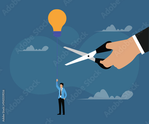 Man Hanging on to an Idea, Threatened by Scissors 2d flat vector illustrations