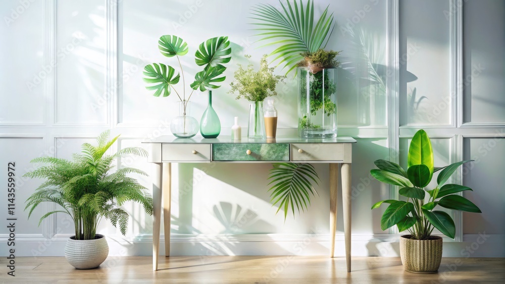 Double Exposure Entryway Table Photography: White Background, Modern Decor, Stylish Home Entrance Double Exposure Entryway Table Photography: White Background, Modern Decor, Stylish Home Entrance