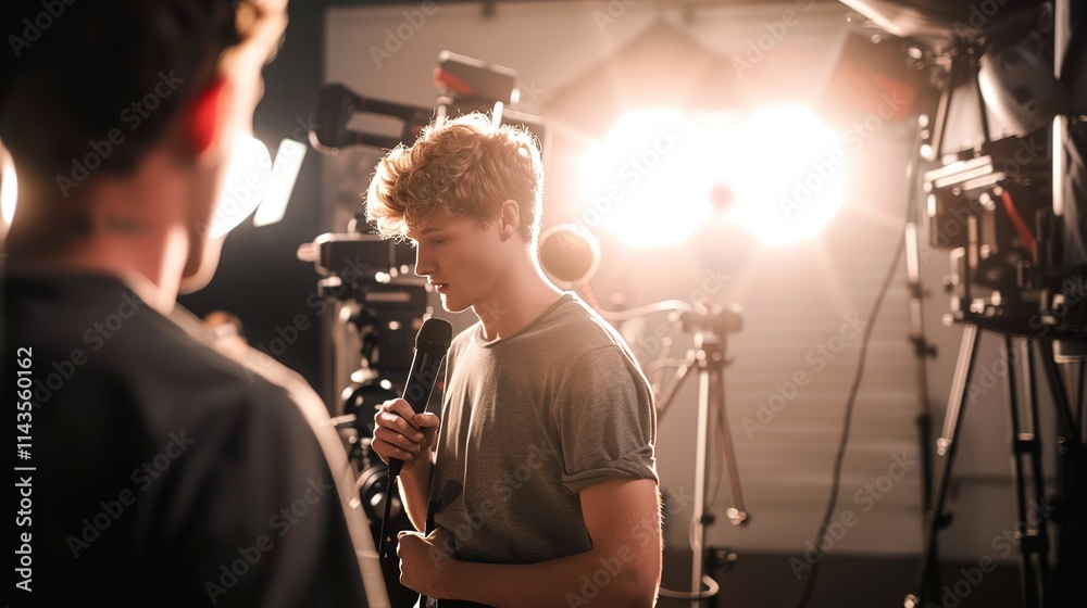 Fototapeta premium Journalist holding microphone conducting interview with celebrity in modern studio setting, capturing dynamic interaction and professional atmosphere.