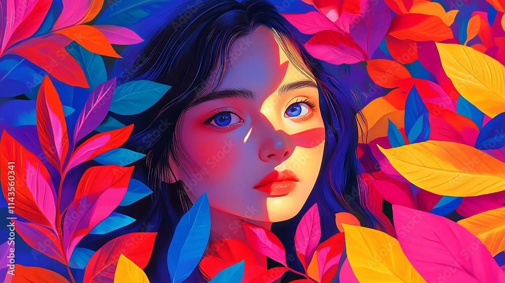 Woman brightly surrounded by vibrant leaves fantasy-inspired digital painting. AI Generated Woman brightly surrounded by vibrant leaves fantasy-inspired digital painting. AI Generated