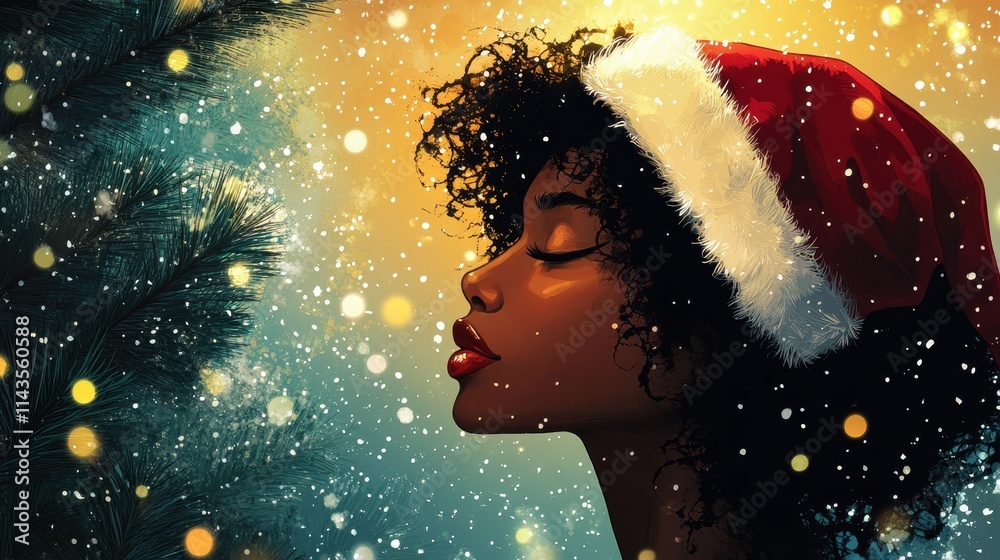 Fototapeta premium Woman wear santa hat with chrismas tree background