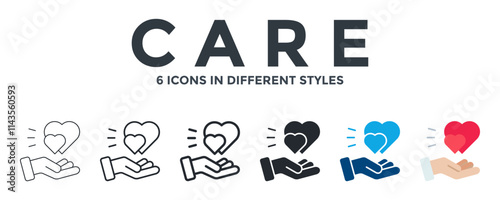 CARE icon in different style vector illustration. Designed in thin line, regular line, bold line, glyph, color fill, and flat style can be used for web