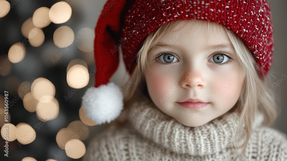 portrait of a cute little girl in a beautiful knitted sweater ad a red santa hat near decorated christmas and new year tree at home portrait of a cute little girl in a beautiful knitted sweater ad a red santa hat near decorated christmas and new year tree at home