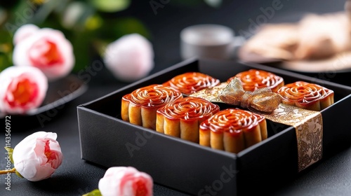 Assorted Traditional Chinese Mooncakes Presented in a Decorative Gift Box for the of the Mid Autumn Festival photo